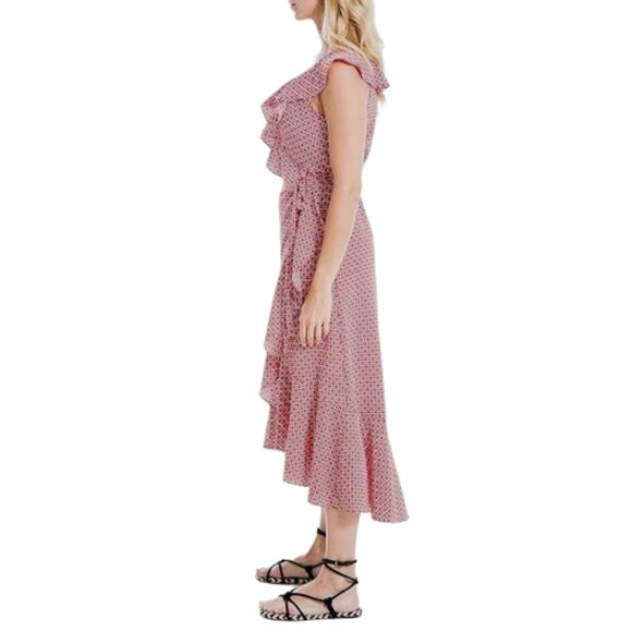 NWT Max Studio Womens Size Large Red Geometric Floral Ruffle Wrap Midi Dress NEW - Picture 2 of 7